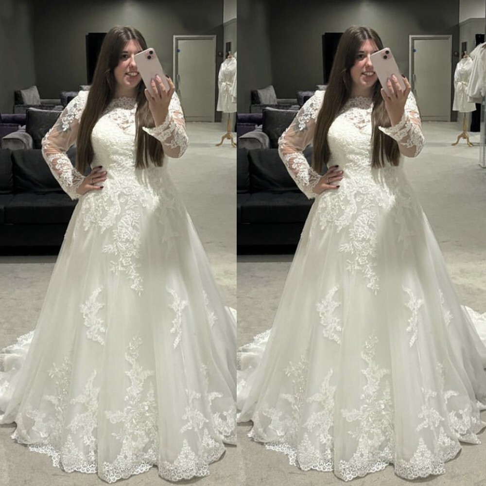 Plus Size Wedding Dresses Long Sleeves Lace Appliques Sweep Train Bridal  Gowns