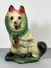 Collie Dog Carnival Chalk Ware Prize Vintage Flat Back White Green Red