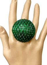 Forest Green Rhinestones Big Dome Cocktail Ring Party Oversized Costume Jewelry