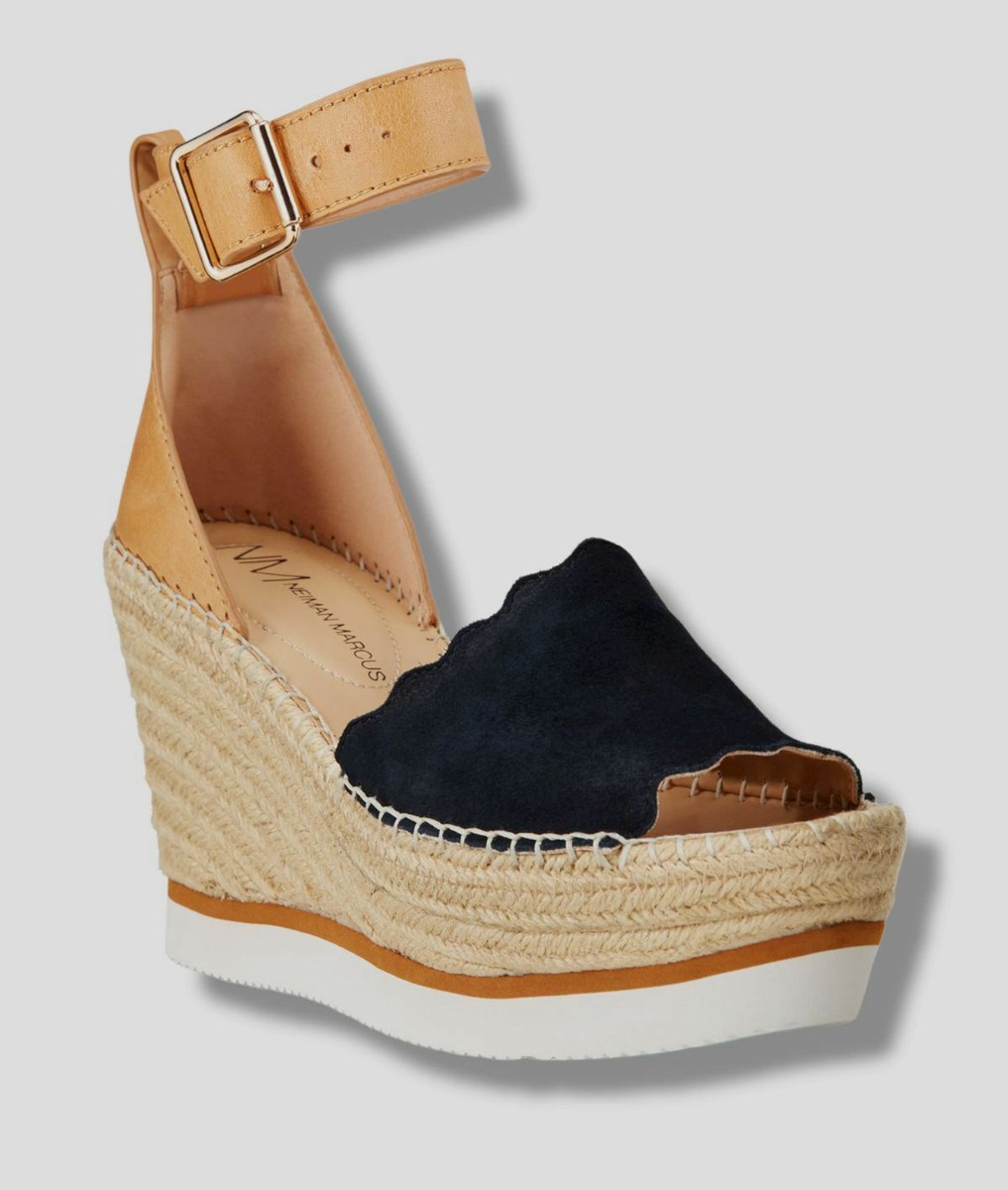$175 Neiman Marcus Women's Blue Suede Cacie Espadrille Wedge