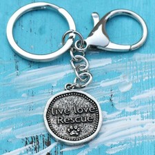 Dog Cat Paw Live Love Rescue Black Silver Keychain