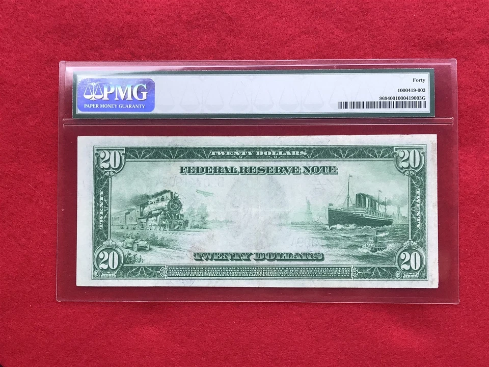 FR-969 1914 Series $20 New York Federal Reserve Note "Burke-Glass *PMG 40 XF* - Image 2 of 2