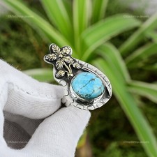 Statement Flower Adjustable Ring 925 Silver Natural Tibetan Turquoise