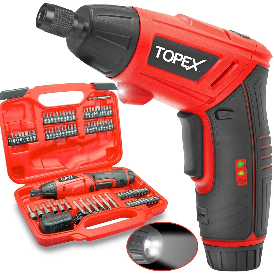 TOPEX 82 Piece Cordless Electric Screwdriver Set 4v Max Cordless CRV Screw Bits