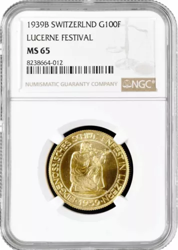 Switzerland 100 francs 1939, NGC MS65, "Lucerne Shooting Festival" gold coin