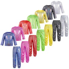 Kids Girls Shirts With Pants Loose Unisex Shiny Street Dance Outfit Crewneck