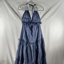 Lulus Vacay Babe Backless Halter Maxi Dress Womens S Navy Blue Striped Lined