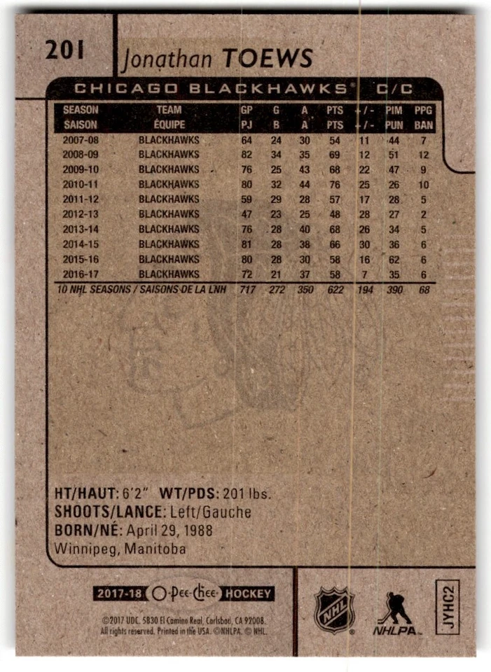 2017-18 O-Pee-Chee Jonathan Toews #201 Chicago Blackhawks - Image 2 of 2