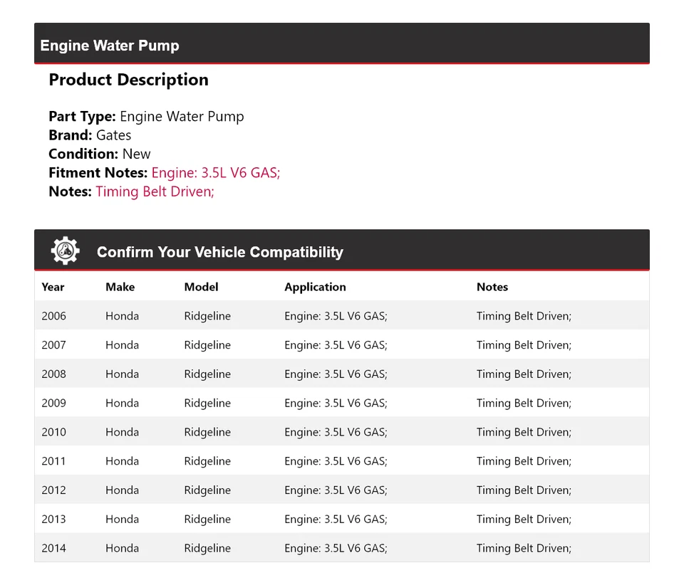 Para Honda Ridgeline 2006-2014 3,5 L V6 Motor Gas Bomba Agua Puertas 2007 2008 2009 Foto 2 de 4