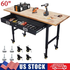 60" Adjustable Workbench Rubber Wood Workstation with Drawer And Power Outlet US