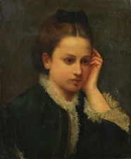 19th CENTURY FRENCH OIL ON CANVAS - PORTRAIT OF A PENSIVE YOUNG GIRL 