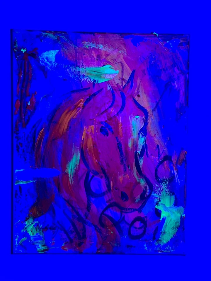Arte firmado en lienzo GUAJARDO Original Expresionismo Caballo Rojo Neón 14X11 Foto 3 de 4