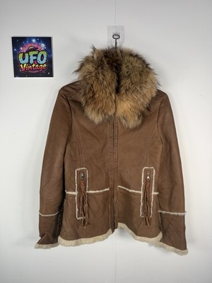 Bognor Leather Fur Jacket Womens US 6 UK 8 Brown Vintage Raccoon Full Zip Short