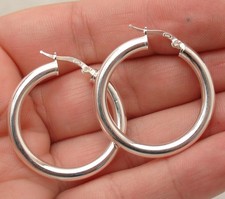 4mm X 34mm Plain Polished Round Hoop Earrings Real 925 Sterling Silver