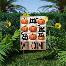 Welcome Yard Sign Black Cat Pumpkin Fall Outdoor Decor Halloween Theme