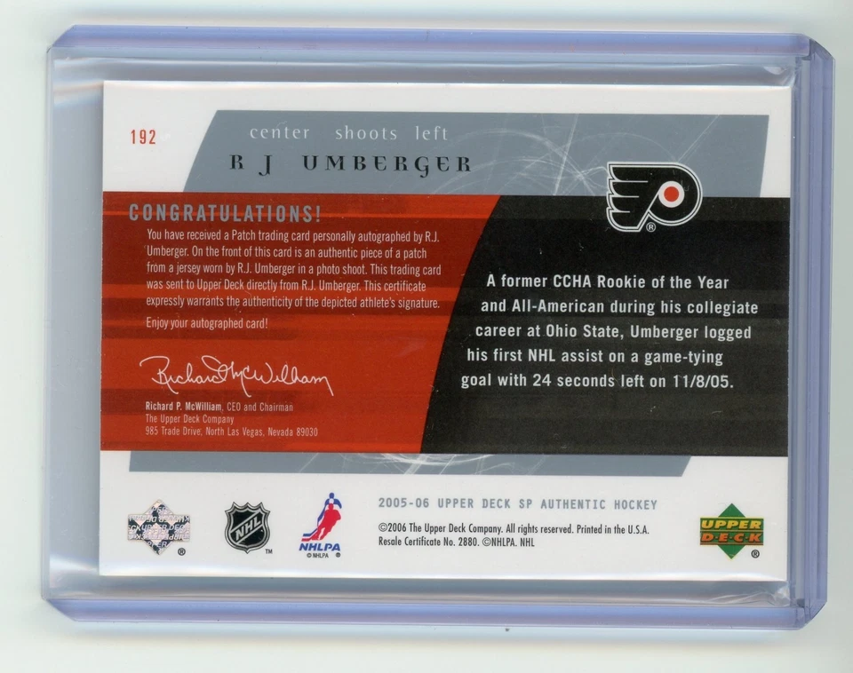 2005-06 UD SP Authentic R.J. Umberger Future Watch Auto Patch FWAP /100 - Image 2 of 2