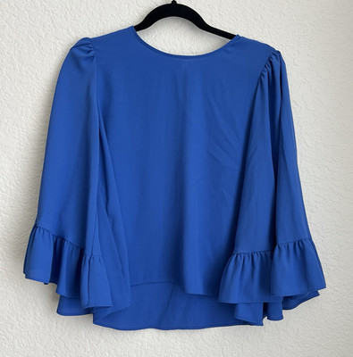 Zara Basic Blue Solid Long Sleeve Ruffle Sleeve Round Neck Pullover Blouse S