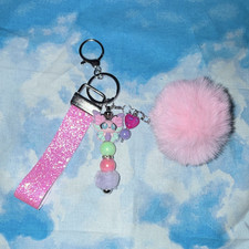Pink Glitter Wristlet Strap Key Chain/Bag Charm w/Butterfly Beads Pom Pom