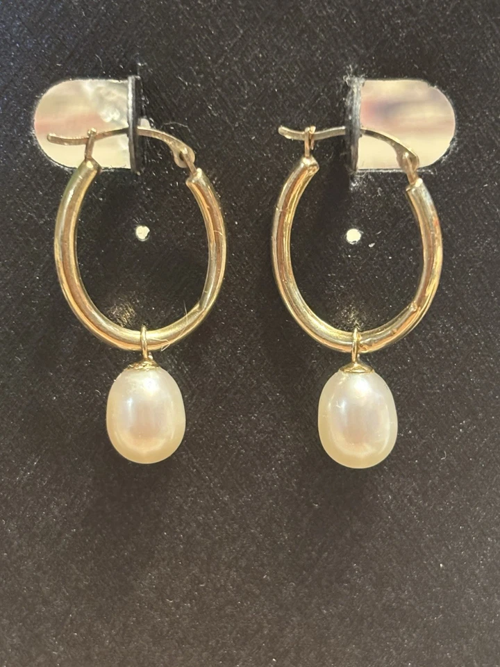 Pendientes de aro ovalados 14k YG con perlas colgantes - Día de la Madre - Cumpleaños - Aniversario Foto 4 de 4