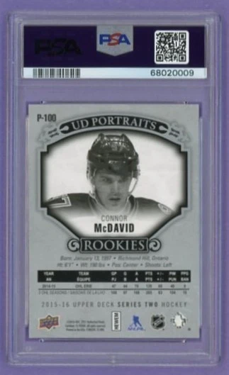2015-16 Upper Deck Portraits Connor McDavid #P-100 RC PSA 10 GEMA Edmonton Oilers Foto 2 de 2