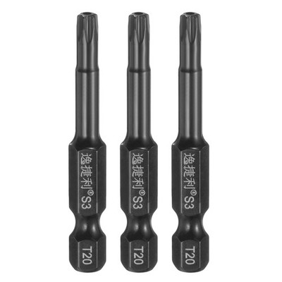 3pcs T20 Magnetic Torx Screwdriver Bits 1/4'' Hex Shank 50mm Length, Black