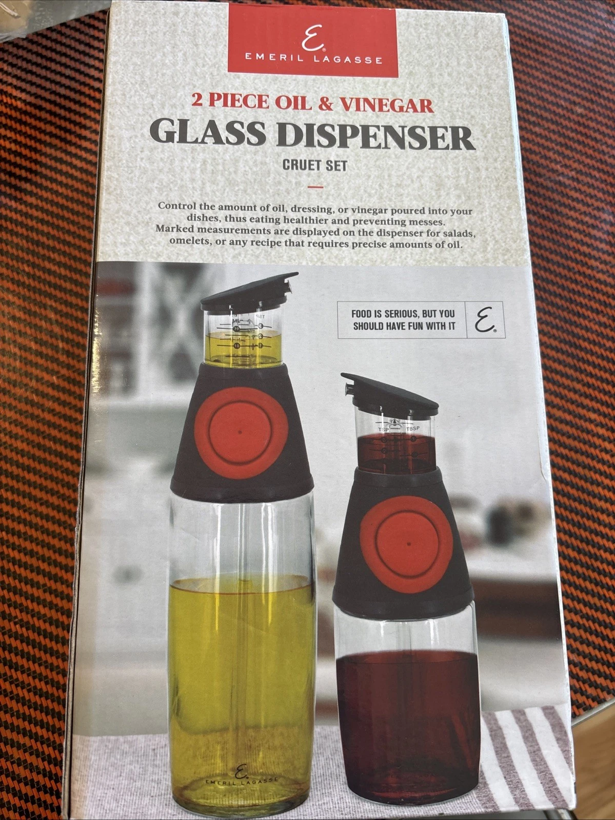 Emeril Lagasse 2 Piece Oil & Vinegar glass dispenser cruet set NEW