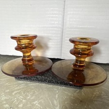 Amber Glass Floral Etched Pair Candle Holders Decorative for Taper Candles