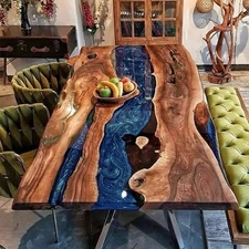 Custom Made To Order Live Edge Wood And Epoxy River Table