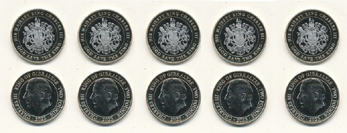 Gibraltar _ 5 pcs x 2 Pounds 2023 UNC Charles III Coronation bimetall Lemberg-Zp