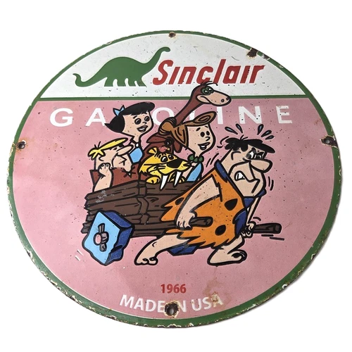Vintage Sinclair Porcelain Sign - Flintstones Cave Man Gasoline Gas Station Sign