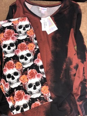 NWT LULAROE OS FLORAL SKULLS HALLOWEEN LEGGINGS + NWT S Elizabeth RUST ORANGE