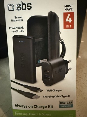 SBS Powerbank 10.000 mAh/Komplett Set mit USB-C-Ladegerät,Ladekabel u. Reiseetui