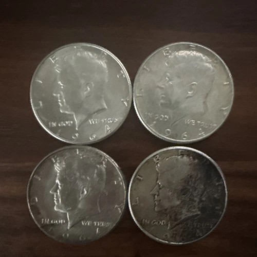 1964 Kennedy Half Dollar Silver Coins Lot of 4, 50C,  90% 0.9 Silver