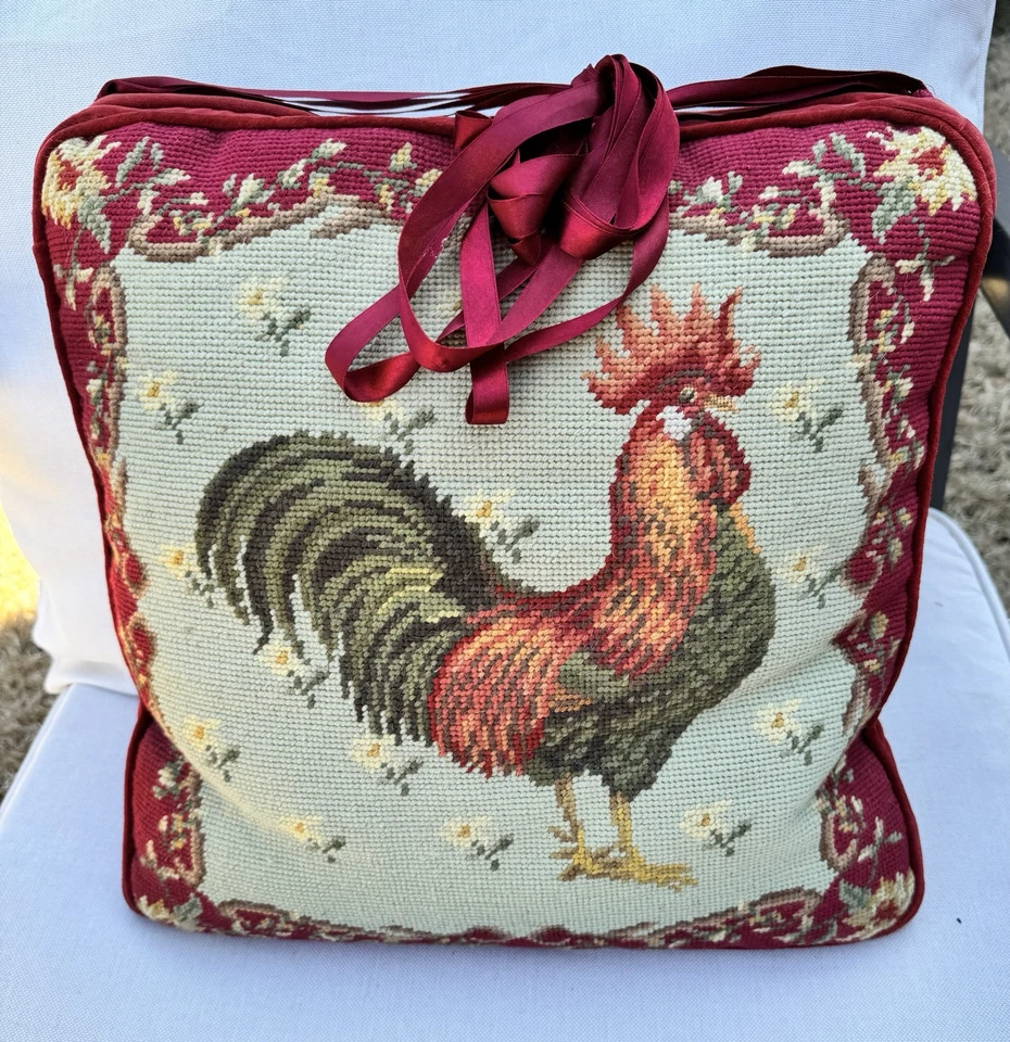 Handmade Wool Needlepoint Rooster Pillow SET (2) Tassels Down Feather Red - Image 3 of 4