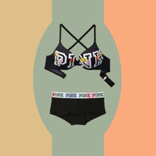 2pc Victoria's Secret PINK PUSH-UP BRA Panty set Pure Black 36C L,36C M, 34B S