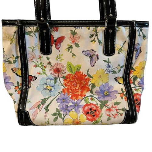 Talbots Floral Canvas Tote Shoulder Bag Black Patent Trim Butterflies Colorful - Picture 4 of 10