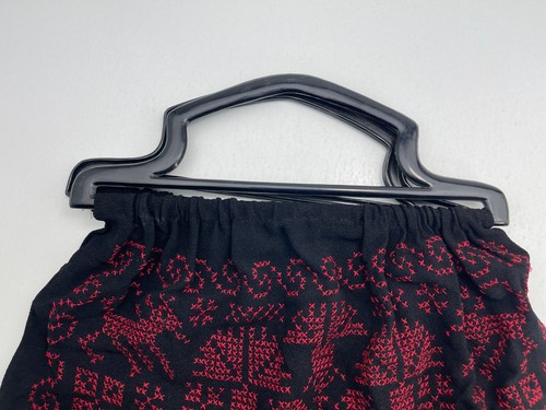 Vintage Handmade Black Red Cross-Stitched Design Holiday Bag Purse Handbag Hobo - Picture 5 of 20
