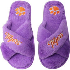 Clemson Tigers Slippers Women's Size 9 XL Purple Orange Faux Fur Slide FOCO