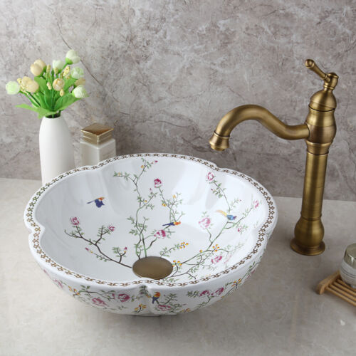 Bathroom Vessel Sink Flower-shaped Ceramic Bowl Antique Brass Mixer Faucet Tap - Picture 11 of 12