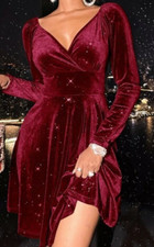 Shein Neck A Line Velvet Dress-Burgundy Size M