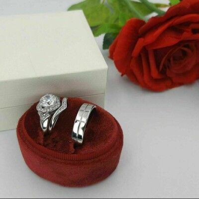 Lab Created Round Diamond 14K White Gold Trio Ring Set Diamond Bridal Wedding