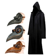 Plague Doctor Mask Sorcerer Robe Hooded Black Robe Halloween Cosplay Costume