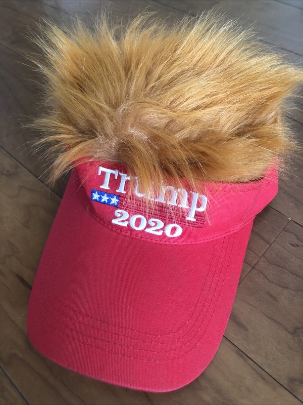2020 President Donald TRUMP Red Trump Visor Hat w/Gold Hair Golf Cap Wig MAGA