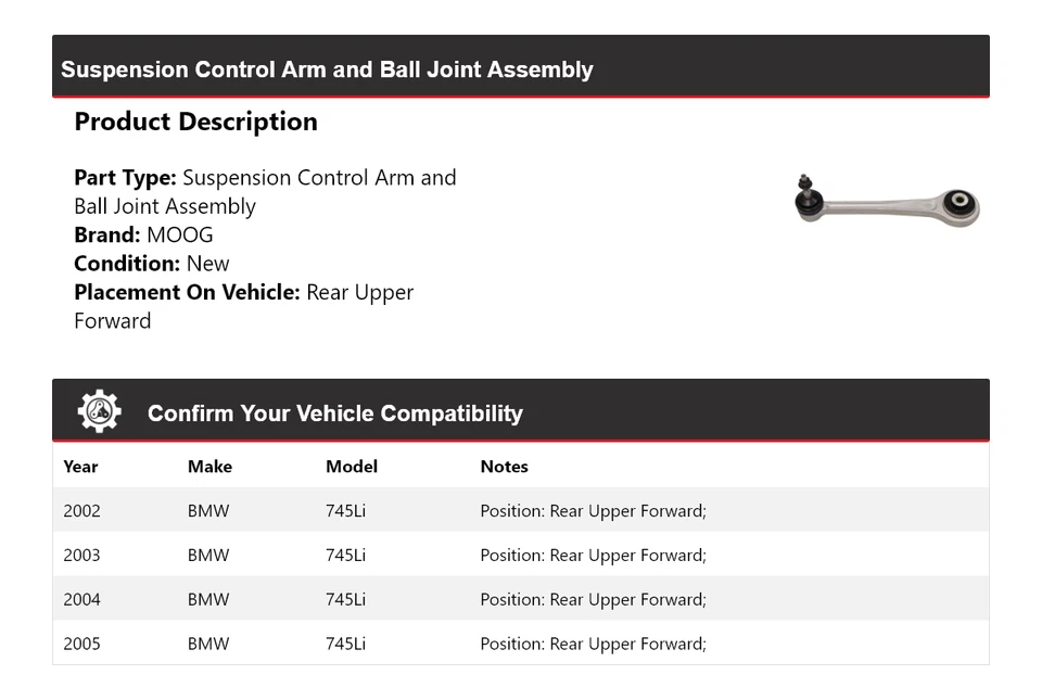 For 2002-2005 BMW 745Li Control Arm Ball Joint Assy Rear Upper Forward MOO - Image 2 of 4