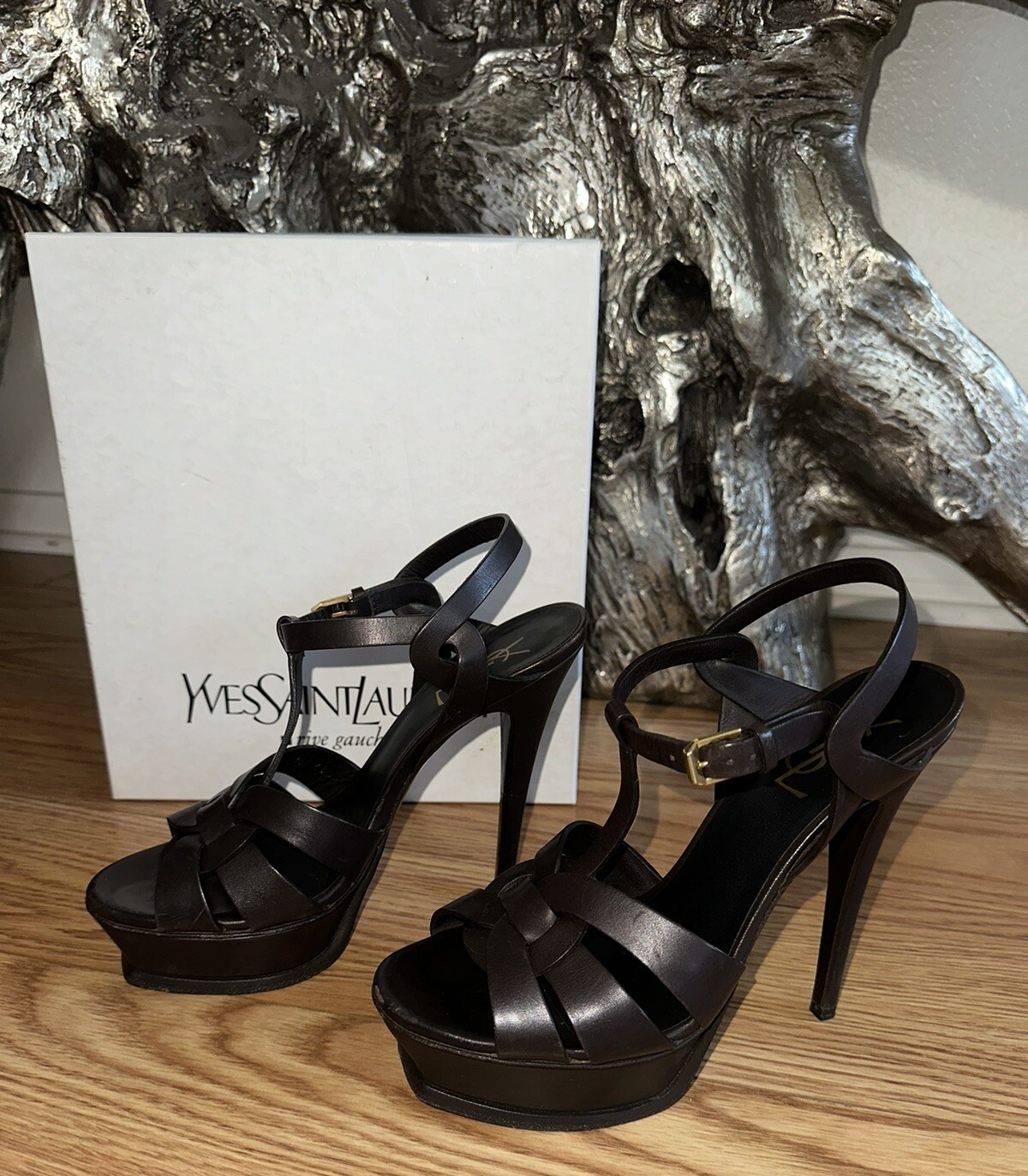 Sandalo tributo YSL Yves Saint Laurent plateau taglia 38 marrone cioccolato pelle di vitello