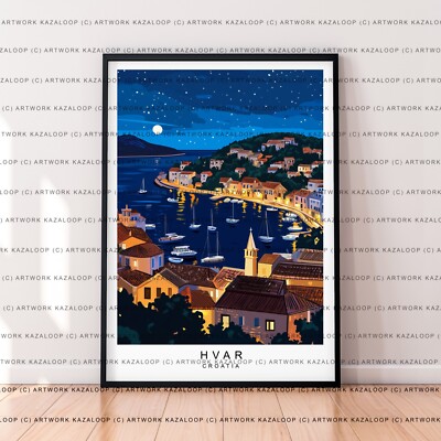 Ungerahmt Hvar Insel Straße und Hafen Nachtansicht Reise Kunst Poster Illustration