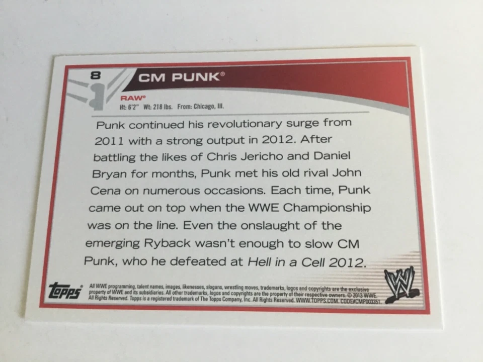 Tarjeta coleccionable de lucha libre profesional CM Punk WWE Topps Wrestler RAW #8 2013 como nueva Foto 2 de 2