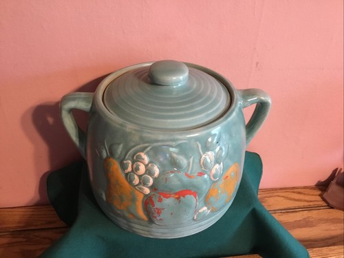 VINTAGE CROCK STONEWARE FRUIT DESIGN BEAN POT COOKIE JAR & LID - Picture 4 of 18