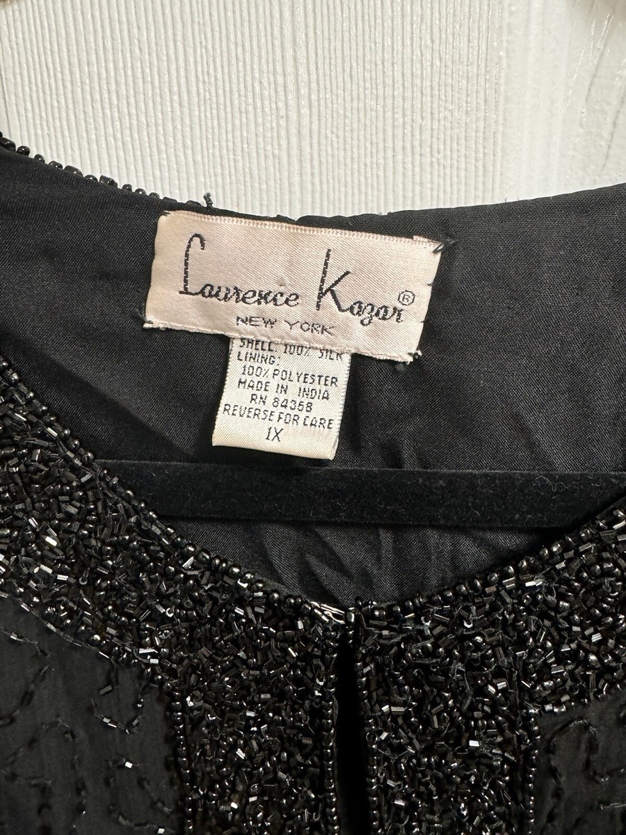 Laurence Kazar Black Jacket Silk Beaded Long Sleeve Open Front