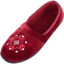Ladies / Womens Slip On Velour Style Slippers with Embroidery